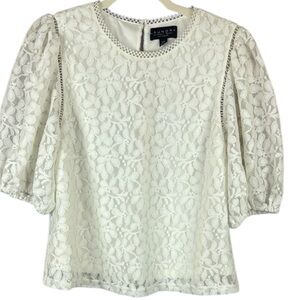 Laundry By Shelli Segal White Lace Puff Sleeve Blouse Size Large